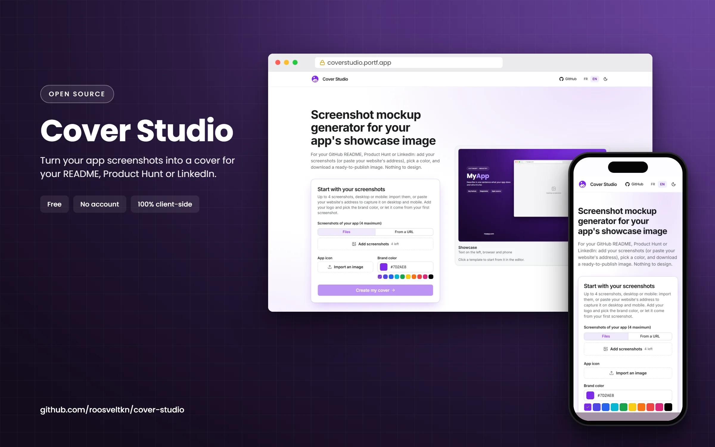 Mockup d'un site affiché dans un navigateur d'ordinateur, avec la même page dans un téléphone au premier plan